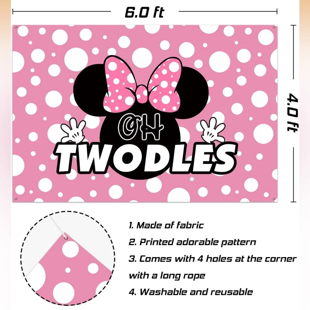 Minnie Mouse Theme “Oh Twodles” Backdrop Banner 6x4Ft. With 4 Grommets